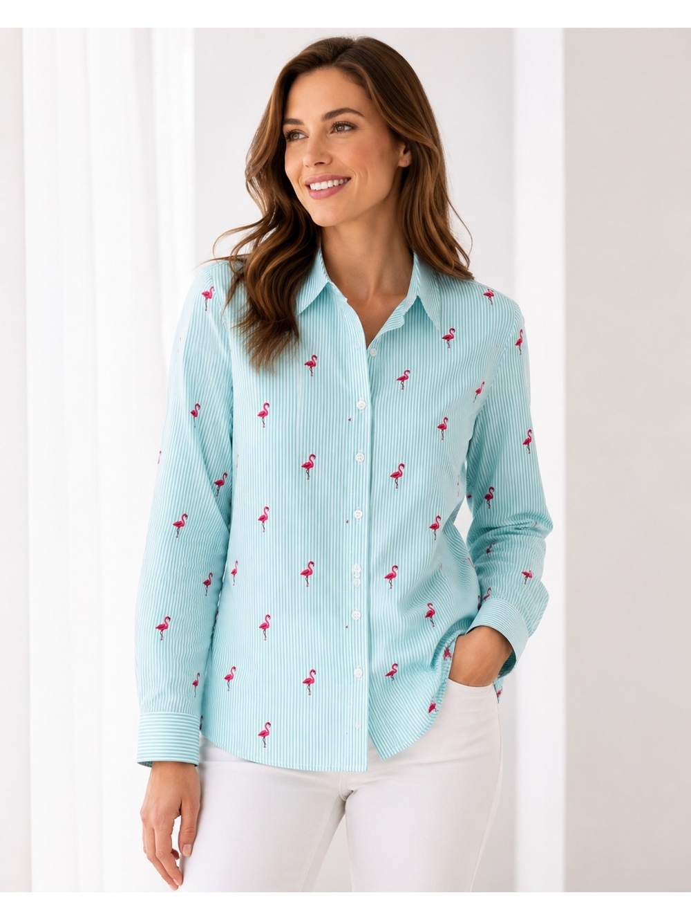 Lemon Way Flamingo Striped Button Down Shirt Women's Small NWOT